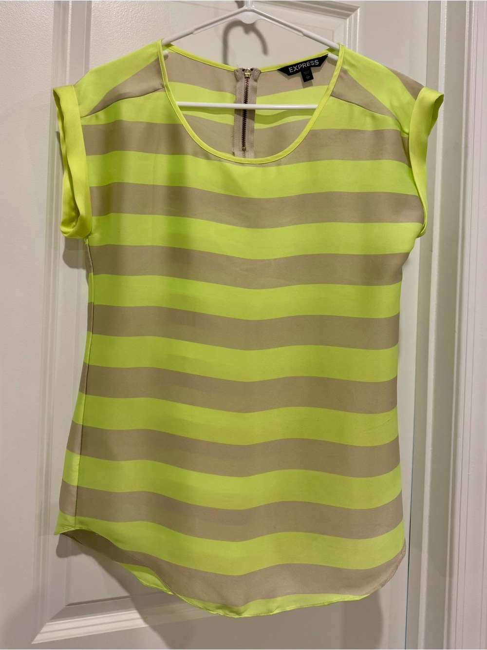 Express Neon Yellow and Taupe Striped Short Sleeve Blouse